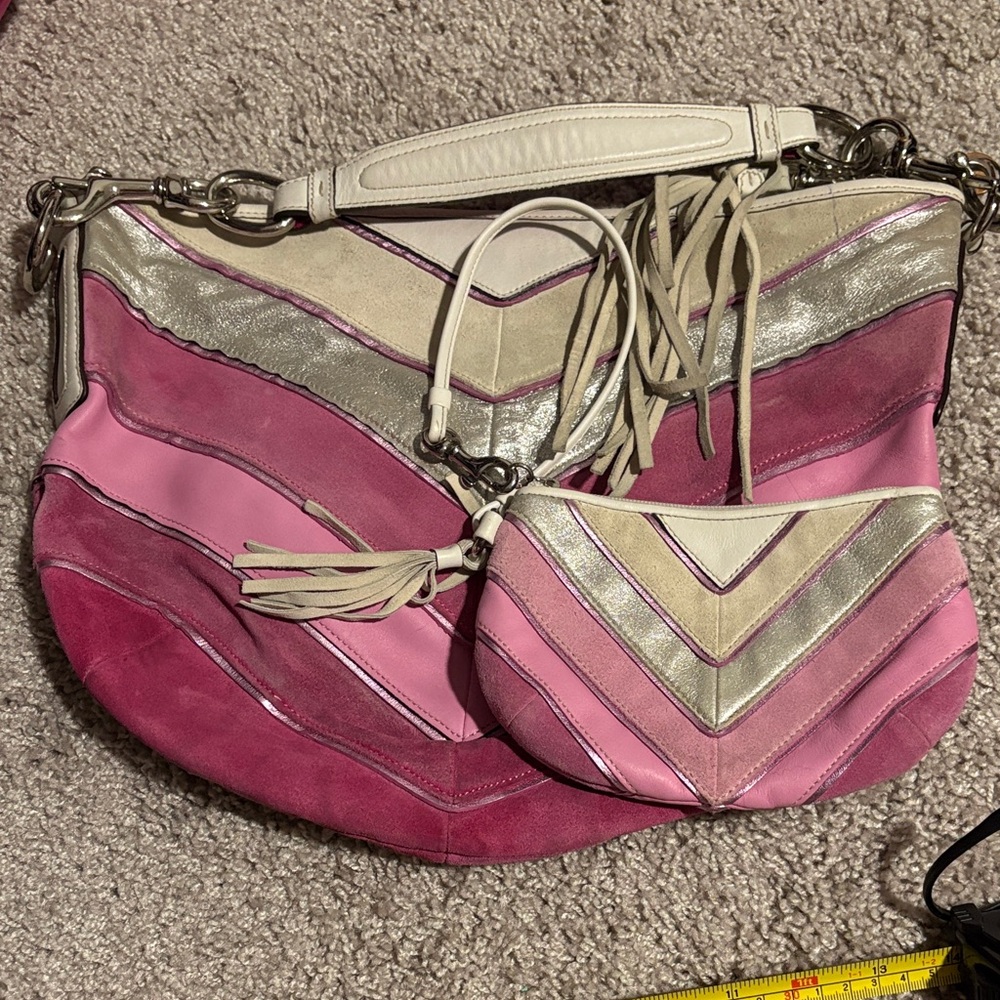 Coach Pink Suede Chevron Bag and Wristlet